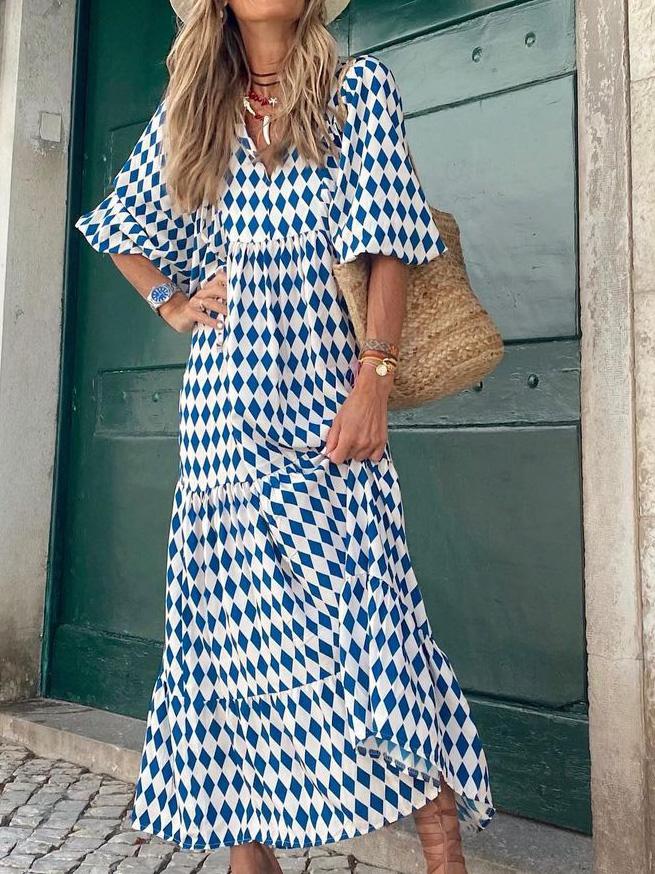 Women's Dresses Geometric Print Puff Sleeve Maxi Dress
