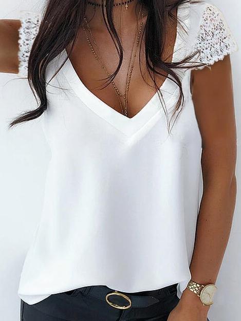 Solid Color V-neck Lace Short Sleeves T-shirts