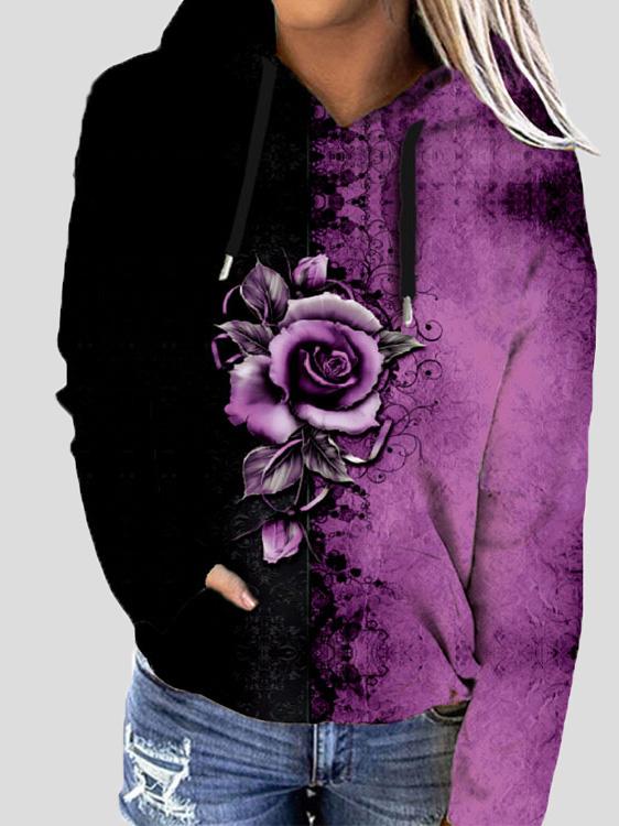 Women's Hoodies Rose Flower Print Two-Color Long Sleeve Hoodie
