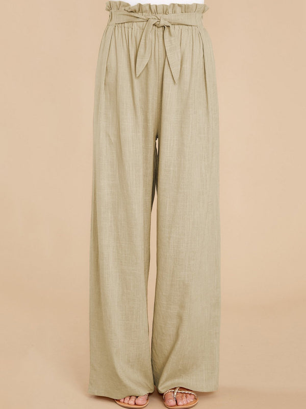 Women's Pants Casual Solid Cotton Belted Wide-Leg Pants