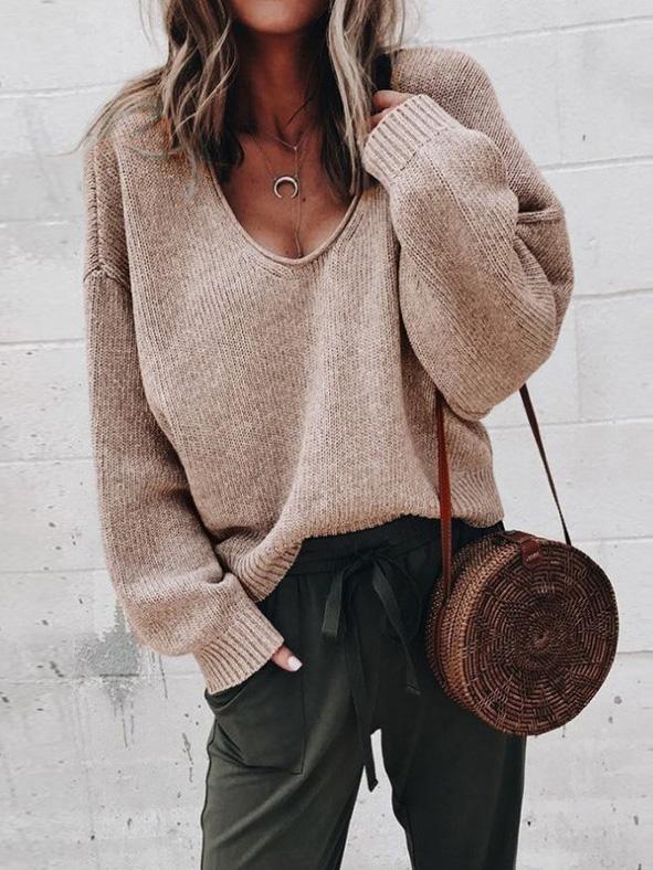 Women's Sweaters V-Neck Long Sleeve Solid Loose Knit Sweater