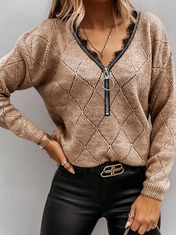 Women's Sweaters Casual Zipper Lace V-Neck Sweater