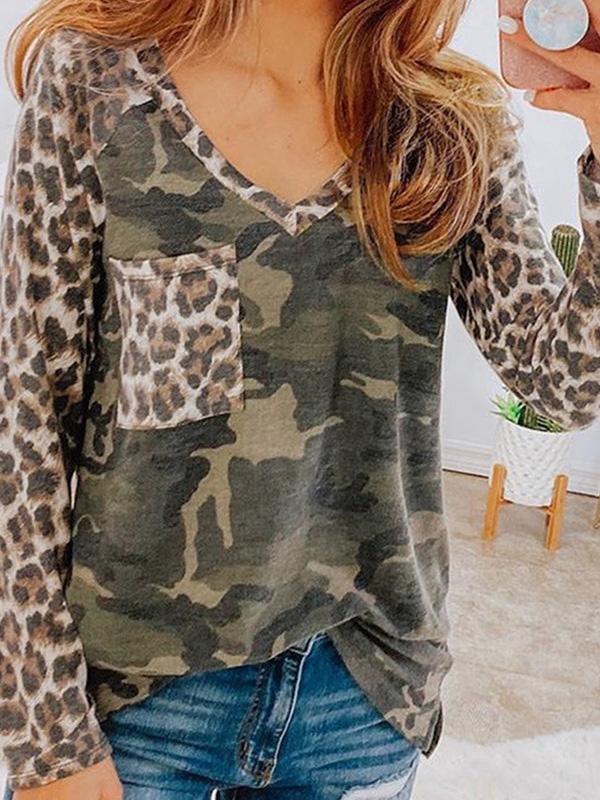 Women's T-Shirts Leopard Camouflage V-Neck Long Sleeve T-Shirt