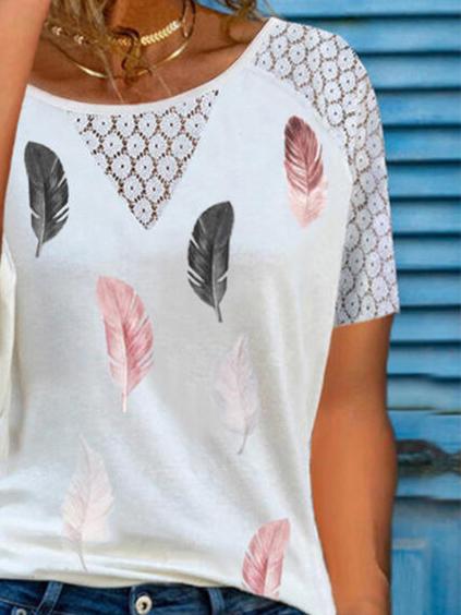 Chic Lace Hollow Feather Print Short Sleeve T-shirt