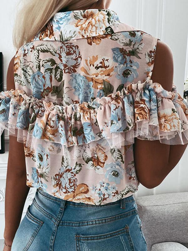 Printed Stitching Off-the-shoulder Short-sleeved Blouses