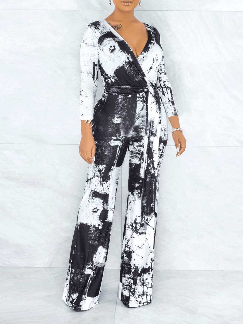 Women's Jumpsuits Tie-Dye V-Neck Long Sleeve Belt Wide Leg Jumpsuit