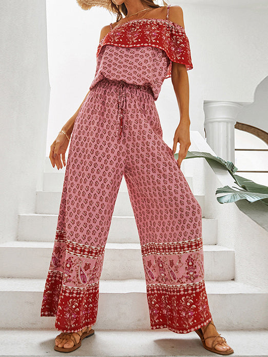 Women's Jumpsuits Sling Off Shoulder Print Wide Leg Jumpsuit