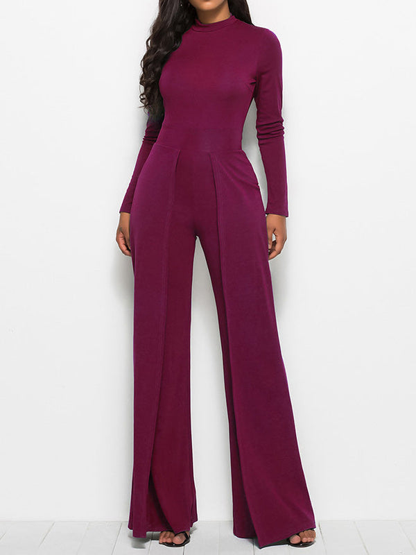 Women's Jumpsuits Solid Turtleneck Long Sleeve Wide Leg Jumpsuit