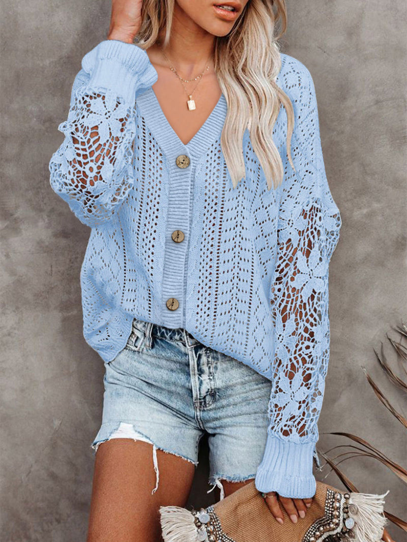 Women's Cardigans Single Breasted Hollow Lace Long Sleeve Sweater Cardigan