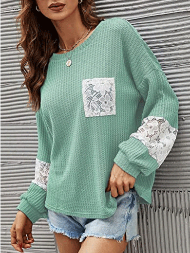 Women's T-Shirts Lace Stitching Pockets Round Neck Long Sleeves T-Shirt