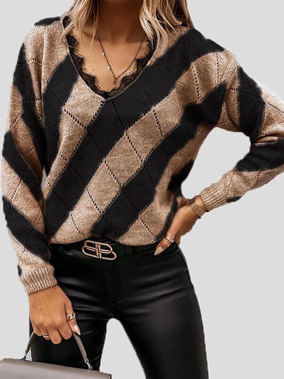 Women's Sweaters Colorblock Lace V-Neck Long Sleeve Sweater