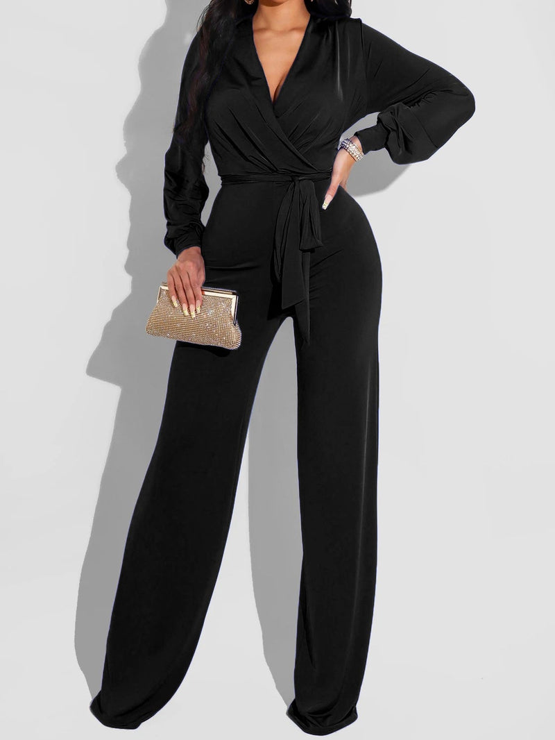 Women's Jumpsuits Solid V-Neck Belted Long Sleeve Jumpsuit