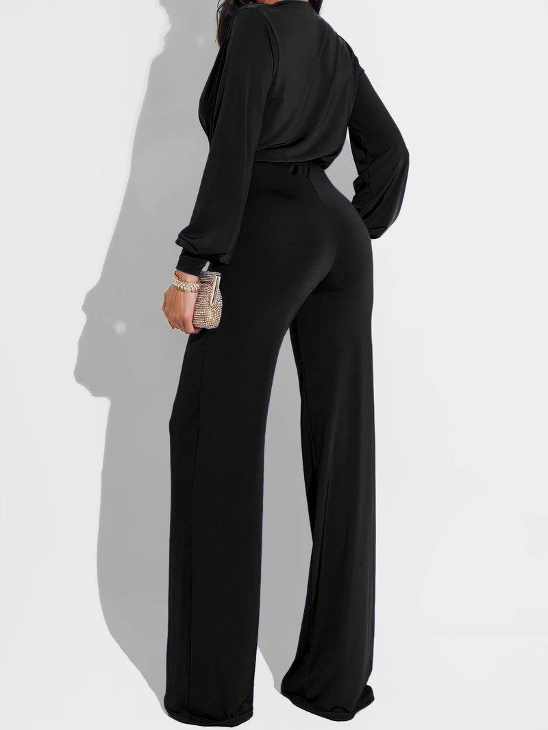 Women's Jumpsuits Solid V-Neck Belted Long Sleeve Jumpsuit