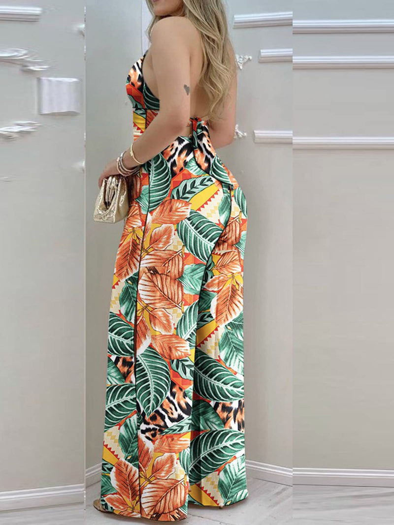 Women's Jumpsuits Printed V-Neck Backless High Waist Slit Jumpsuit