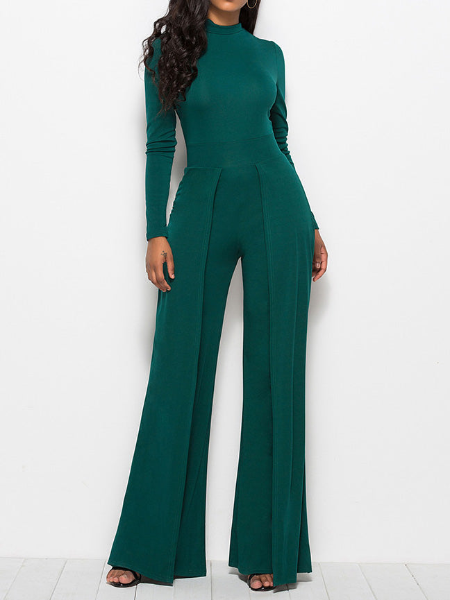 Women's Jumpsuits Solid Turtleneck Long Sleeve Wide Leg Jumpsuit