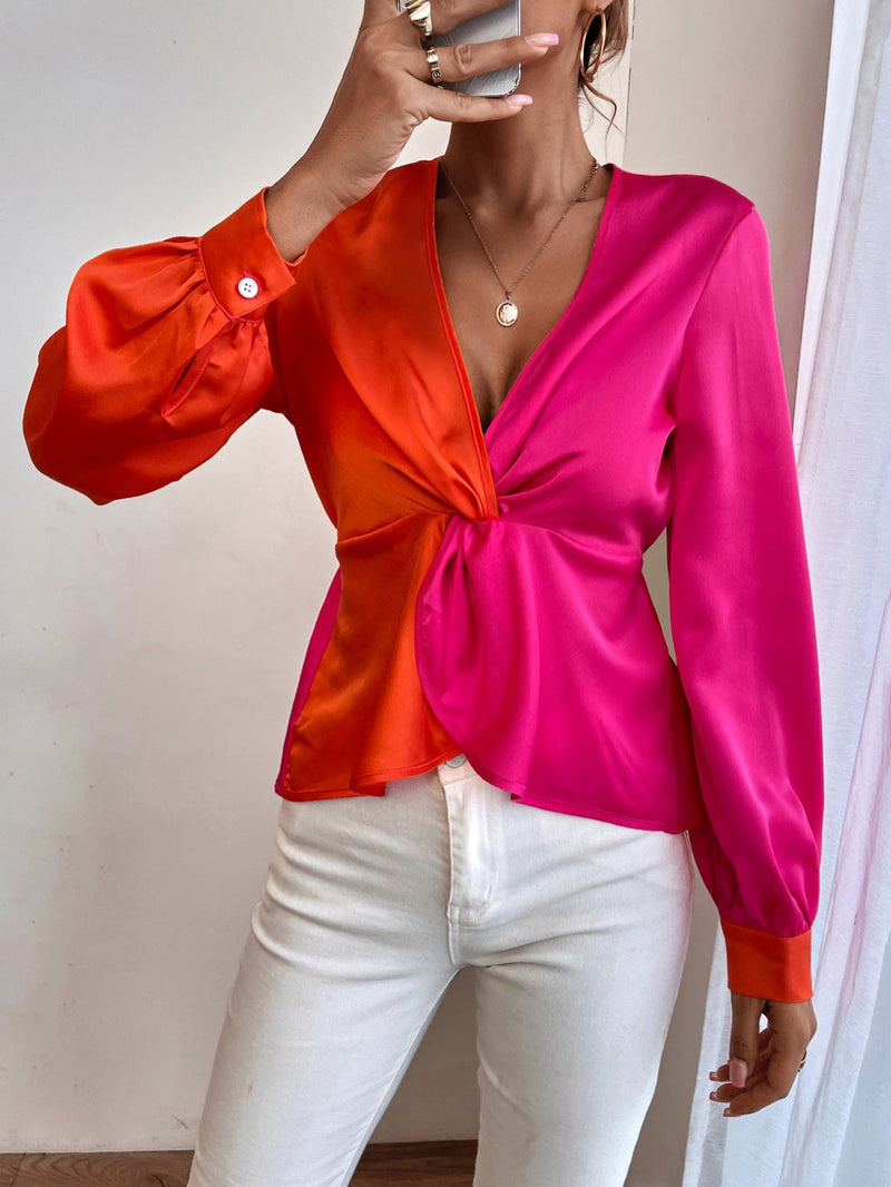 Women's Blouses Colorblock V-Neck Long Sleeve Blouse