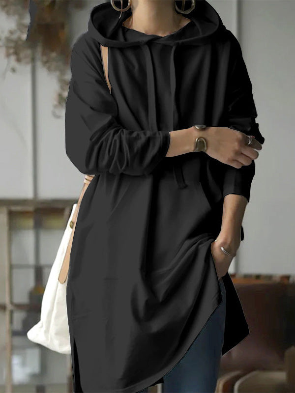 Women's Hoodies Solid Pocket Long Sleeve Slit Hoody