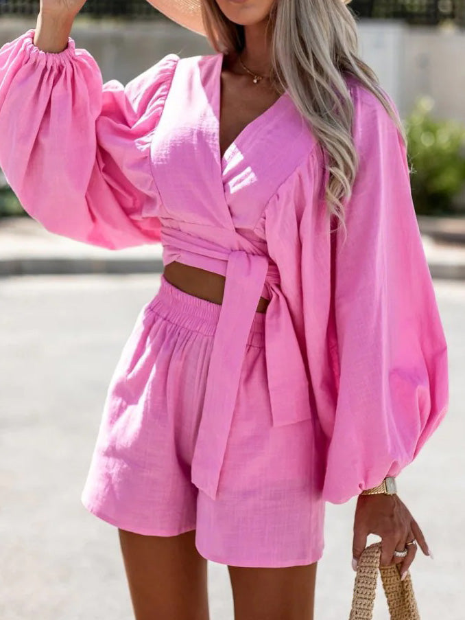 Women's Sets Solid V-Neck Tie Shirt & Shorts Two-Piece Set