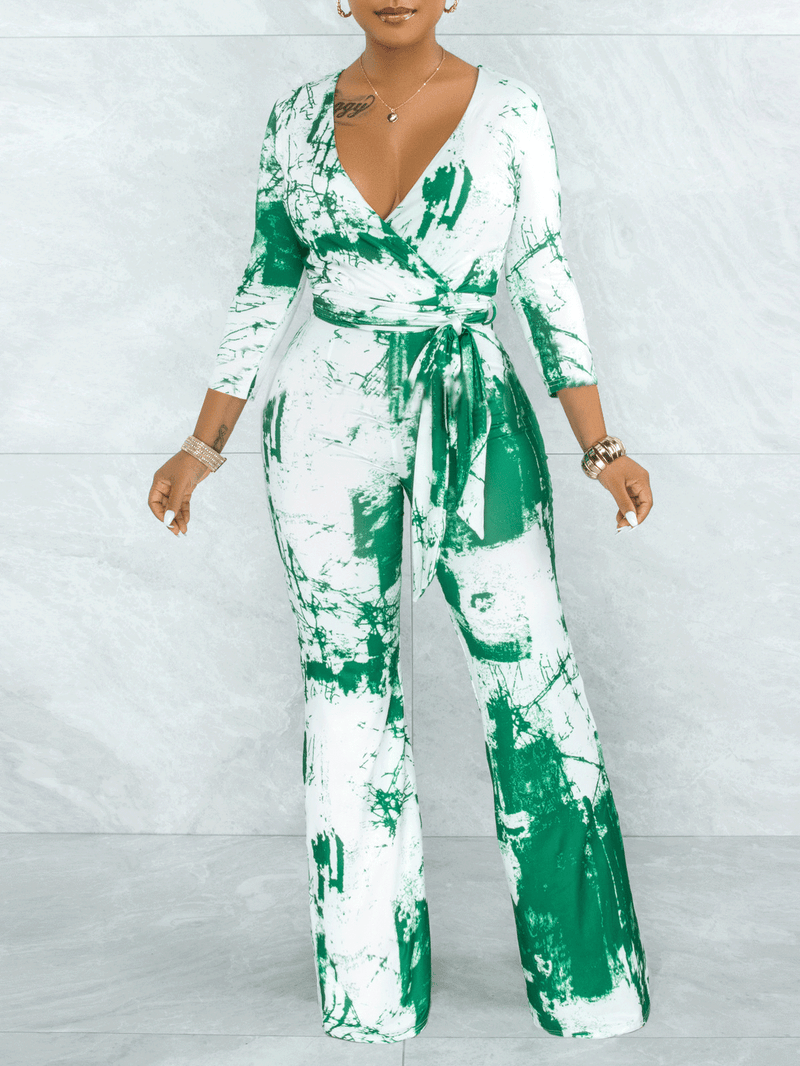 Women's Jumpsuits Tie-Dye V-Neck Long Sleeve Belt Wide Leg Jumpsuit