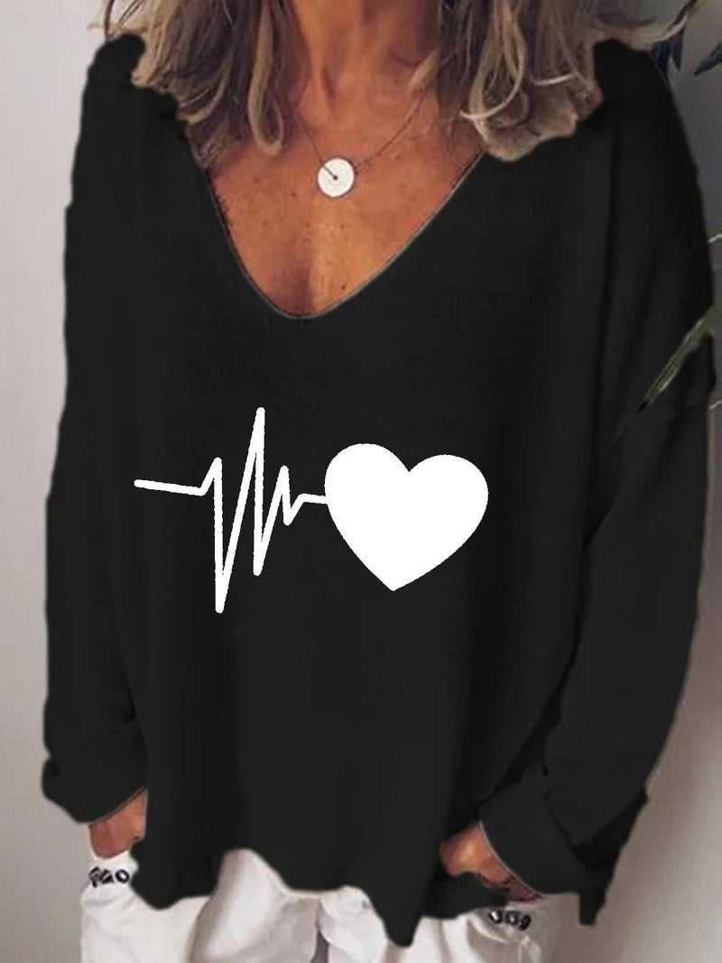 Women's T-Shirts Heartbeat Print V-Neck Long Sleeve T-Shirt
