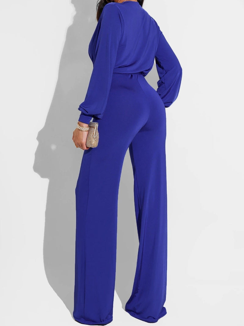 Women's Jumpsuits Solid V-Neck Belted Long Sleeve Jumpsuit