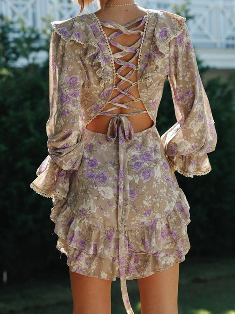 Women's Dresses Printed V-Neck Long-Sleeve Open-Back Lace-Up Dress