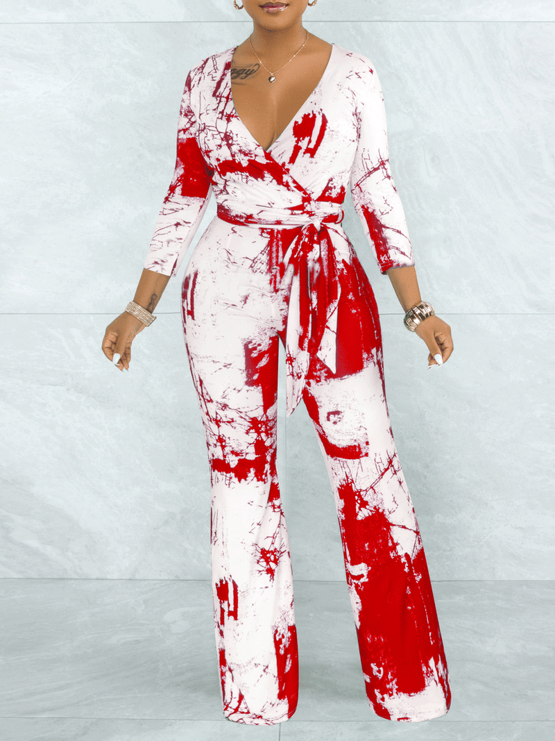 Women's Jumpsuits Tie-Dye V-Neck Long Sleeve Belt Wide Leg Jumpsuit