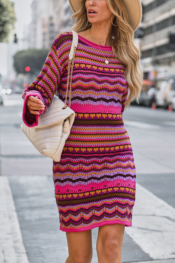 Fall Spice Long Sleeve Crochet Knit Mini Dress