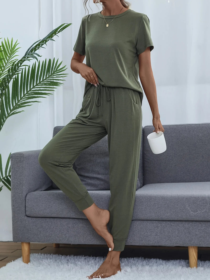 Two-Piece Short Sleeve Top & Drawstring Loose Pant Set