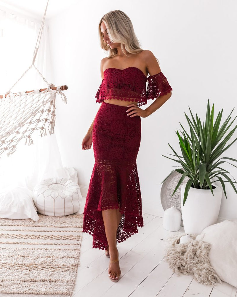 Two Piece Off Shoulder Lace Top and High Low Skirt Set