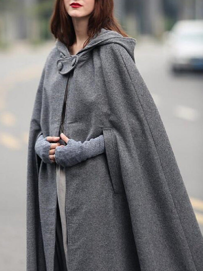 Women's Coats Solid Cape Hooded Woolen Coat