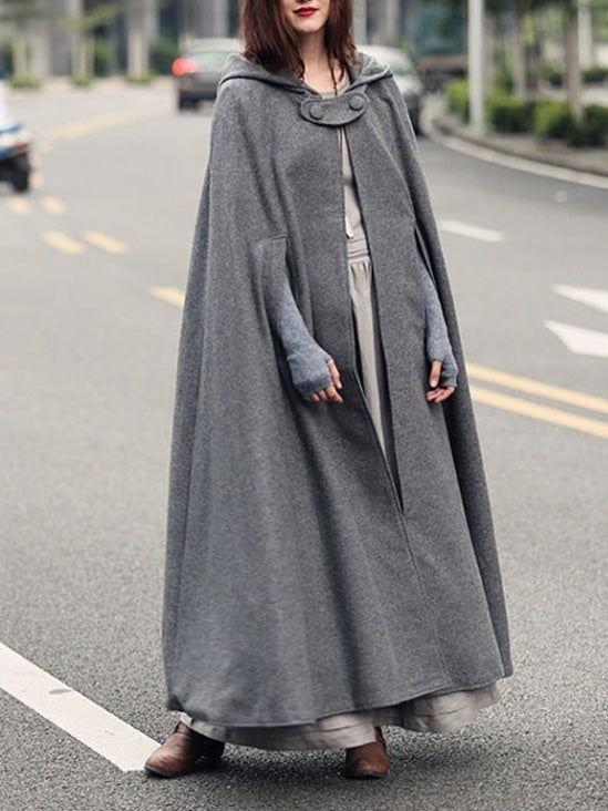 Women's Coats Solid Cape Hooded Woolen Coat