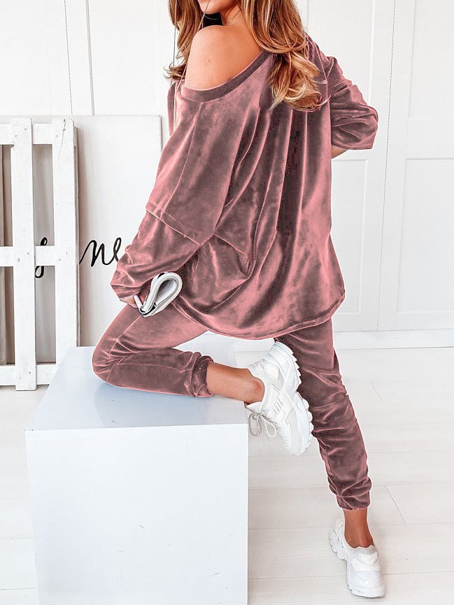 Women's Sets Solid Velvet V-Neck Long Sleeve Casual Two Piece Suit