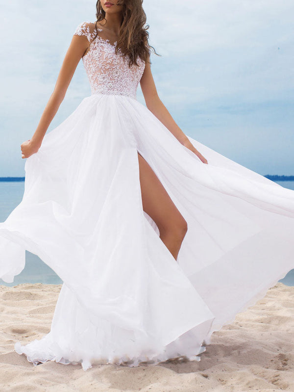 Chiffon V Neck Short Sleeves A Line Side Split Maxi Dress