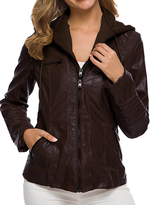 Women's Jackets Detachable Hooded PU Leather Jacket