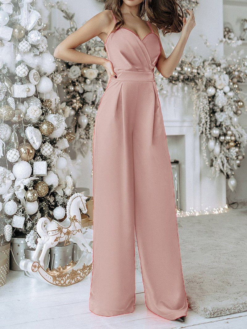 Women's Jumpsuits Solid Sling V-Neck Wide-Leg Jumpsuit