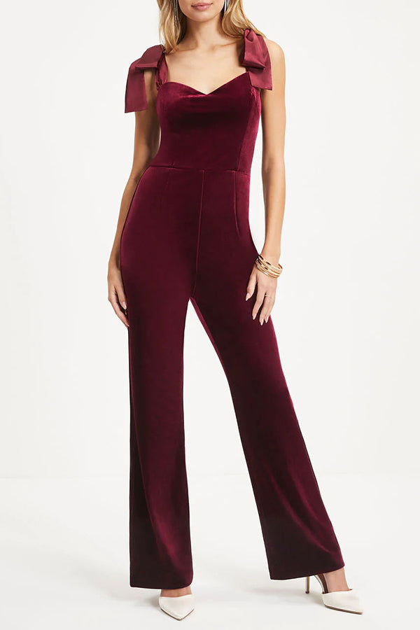 Spoil Me Velvet Sweetheart Neck Shoulder Tie Jumpsuit