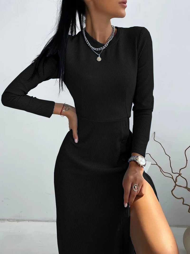 Women's Dresses Slim-Fit Solid Long Sleeve Split Dress