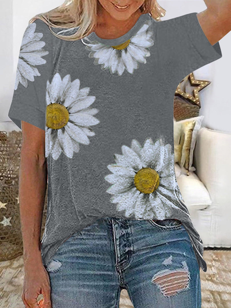 Daisy Print Round Neck Short Sleeve T-Shirt