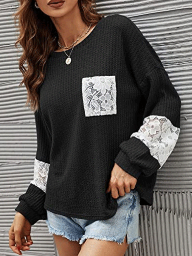 Women's T-Shirts Lace Stitching Pockets Round Neck Long Sleeves T-Shirt