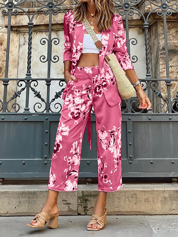 Women's Sets Printed 3/4 Sleeve Blazers & 9/10 Pants Two-Piece Set