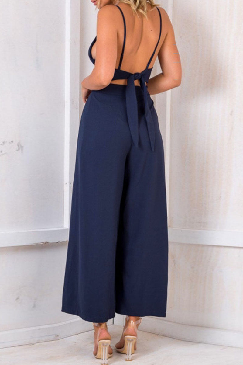 Fashion Solid Backless V Neck Loose Jumpsuits(3 Colors)