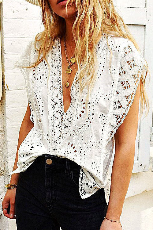 Embroidered Eyelet Cap Sleeves Top