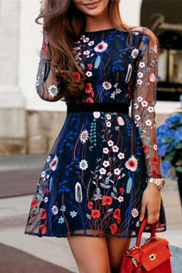 Fashion Elegant Floral Lace Embroidered Mesh O Neck Waist Skirt Dresses(4 Colors)