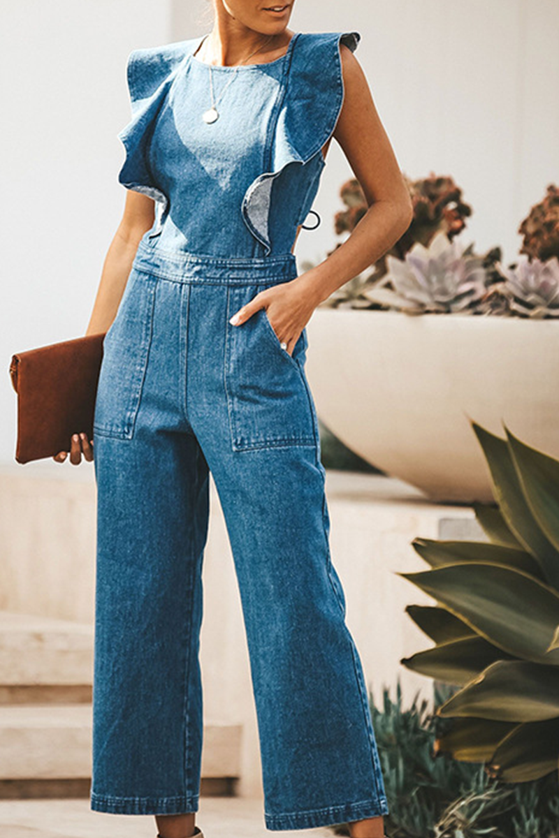 Sexy Solid Flounce Square Collar Boot Cut Jumpsuits
