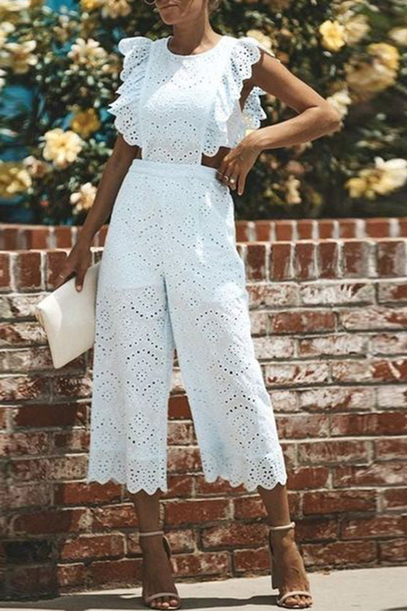 Casual Solid Lace O Neck Straight Jumpsuits