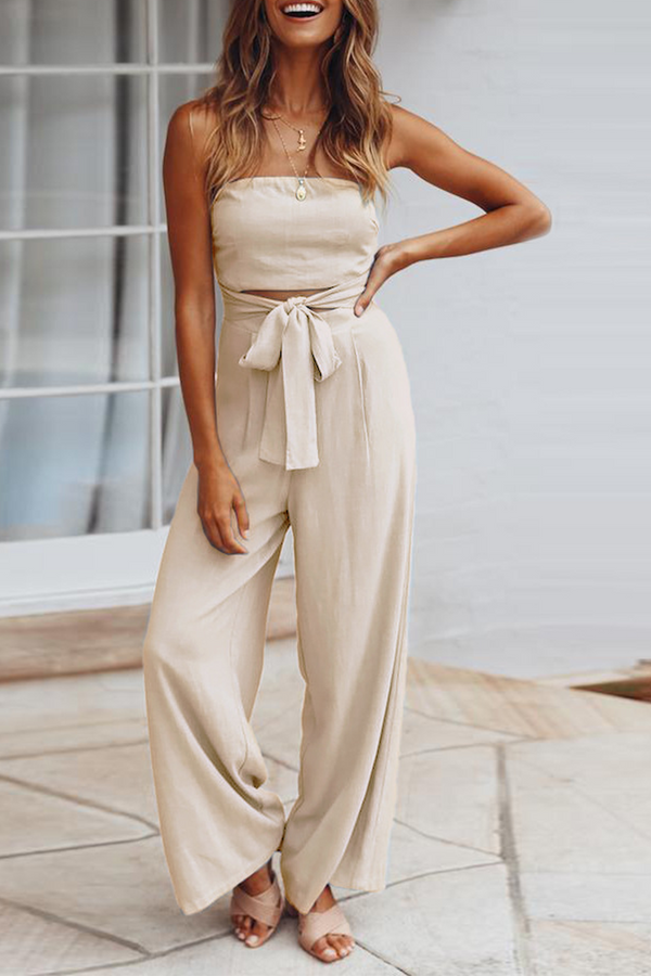 Casual Solid Patchwork Strapless Straight Jumpsuits(4 Colors)