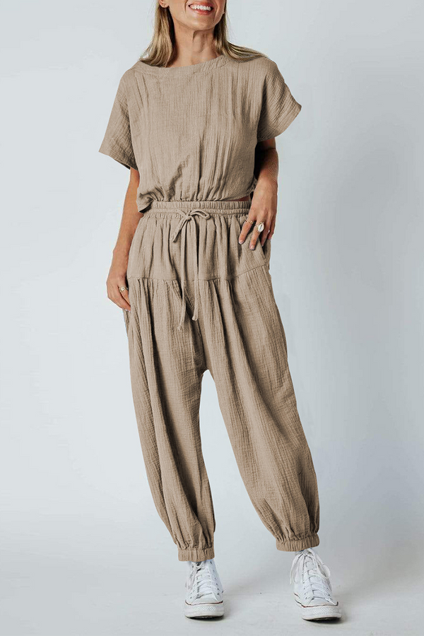 Casual Solid Patchwork O Neck Harlan Jumpsuits(4 Colors)