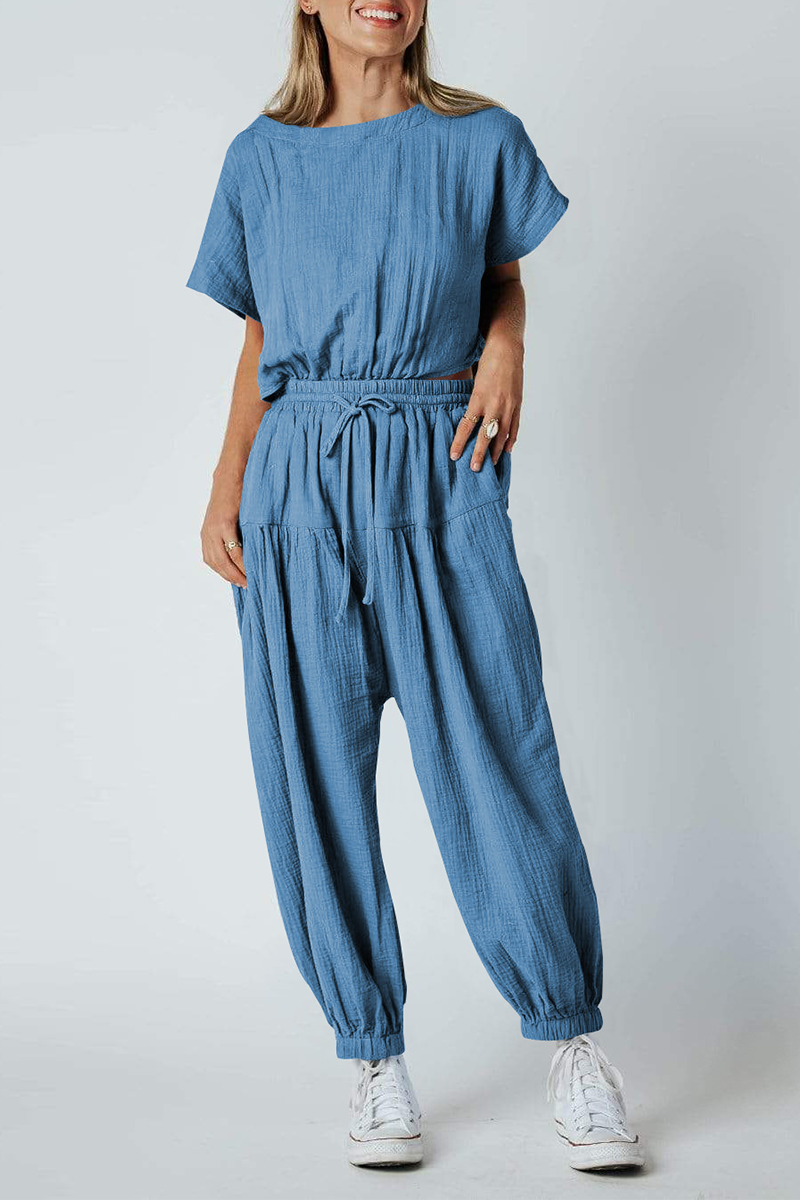 Casual Solid Patchwork O Neck Harlan Jumpsuits(4 Colors)