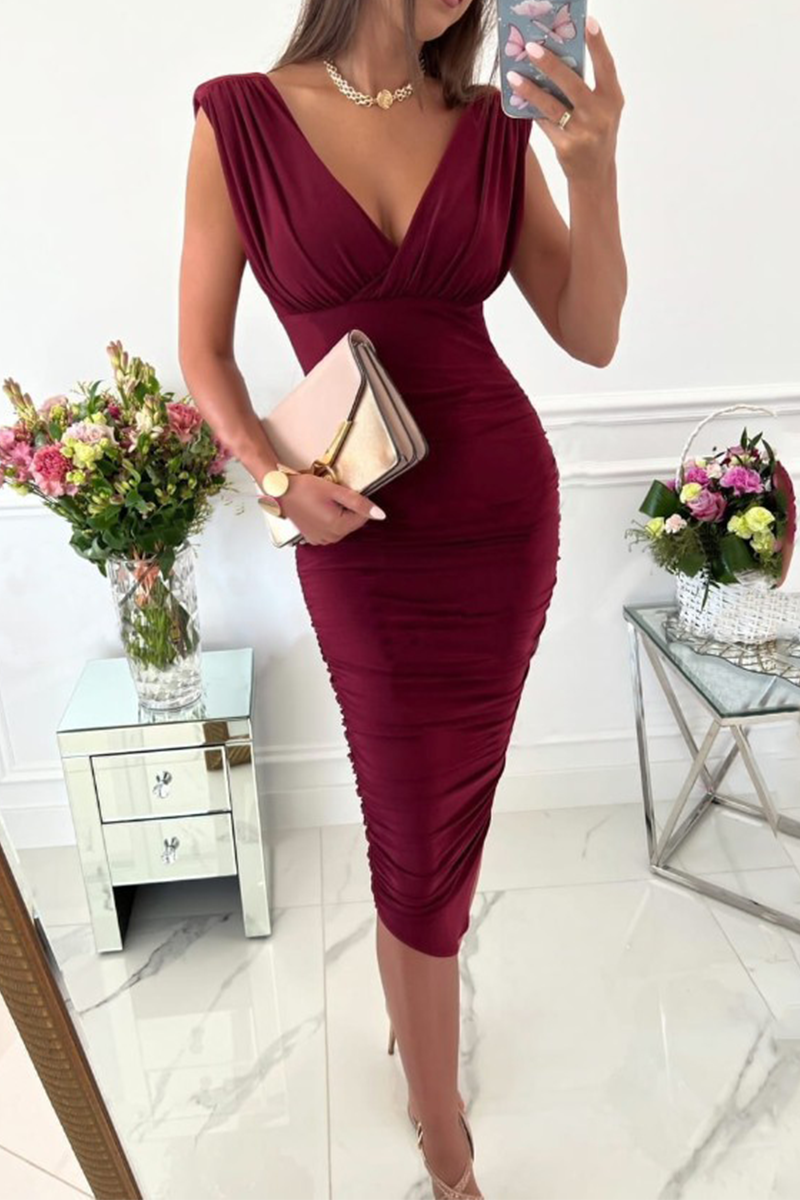 Sexy Solid Split Joint V Neck Pencil Skirt Dresses(4 colors)